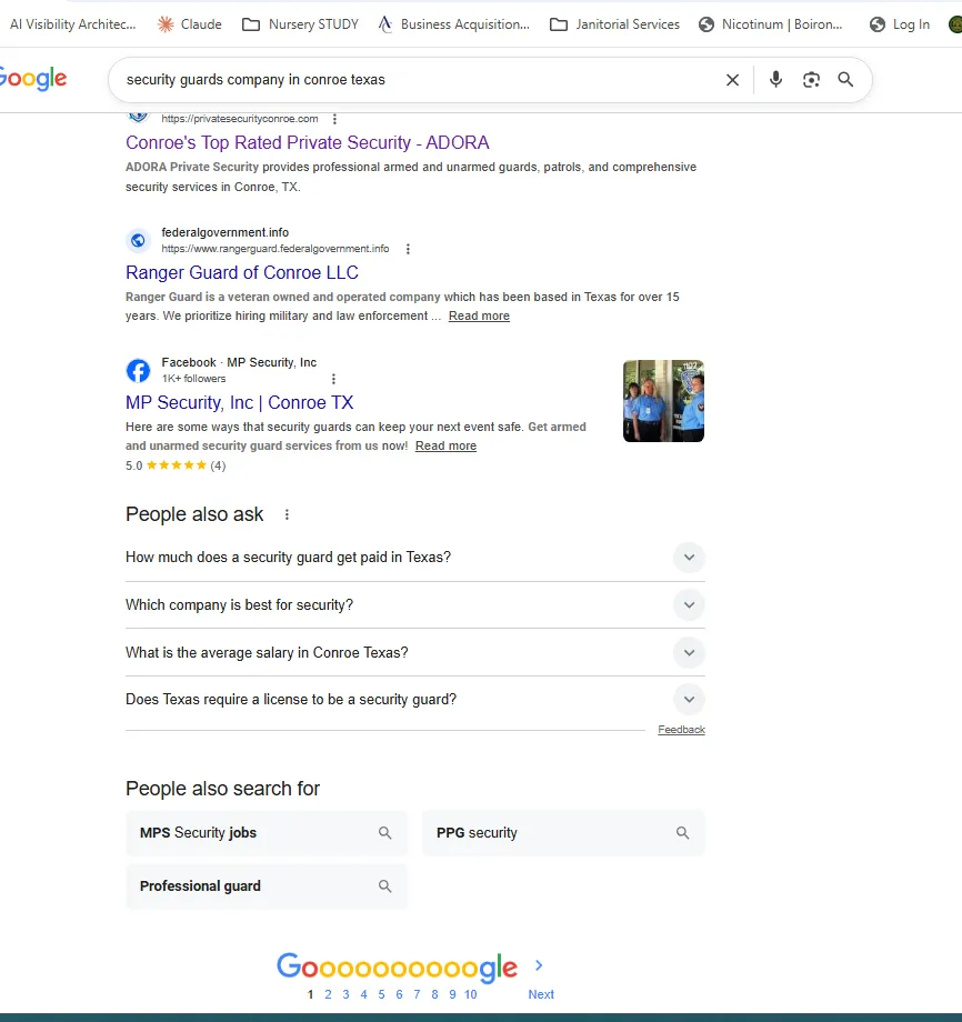 Google search screenshot for security guards company in Conroe, Texas, showing ADORA’s Conroe private-security result and other area results.