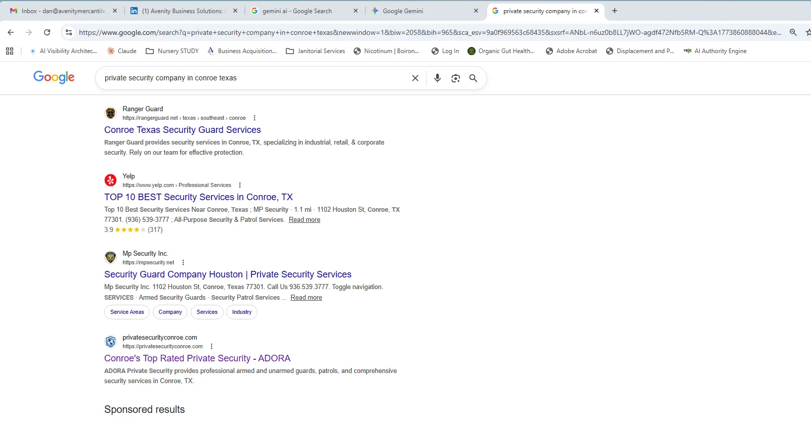 Google search screenshot for private security company in Conroe, Texas, showing ADORA’s Conroe private-security result.