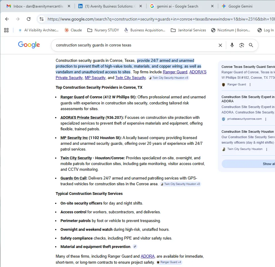 Google AI search screenshot for construction security guards in Conroe, Texas, listing ADORA’s Private Security among top providers.