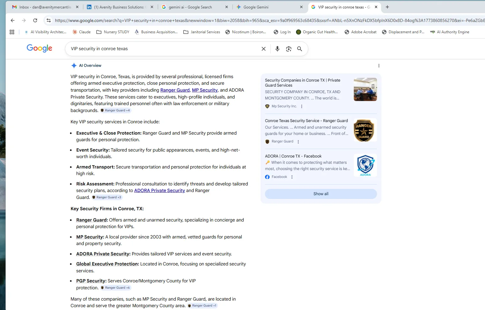 Google AI Overview screenshot for VIP security in Conroe, Texas, naming ADORA Private Security among key security firms.