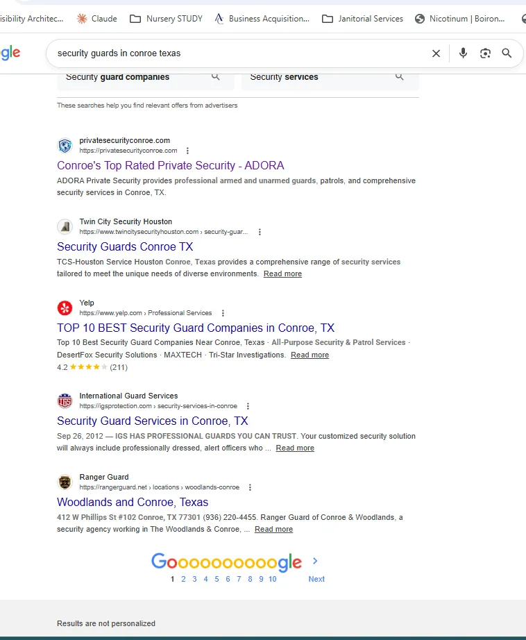 Google search screenshot for security guards in Conroe, Texas, showing ADORA’s Conroe private-security result and area competitors.
