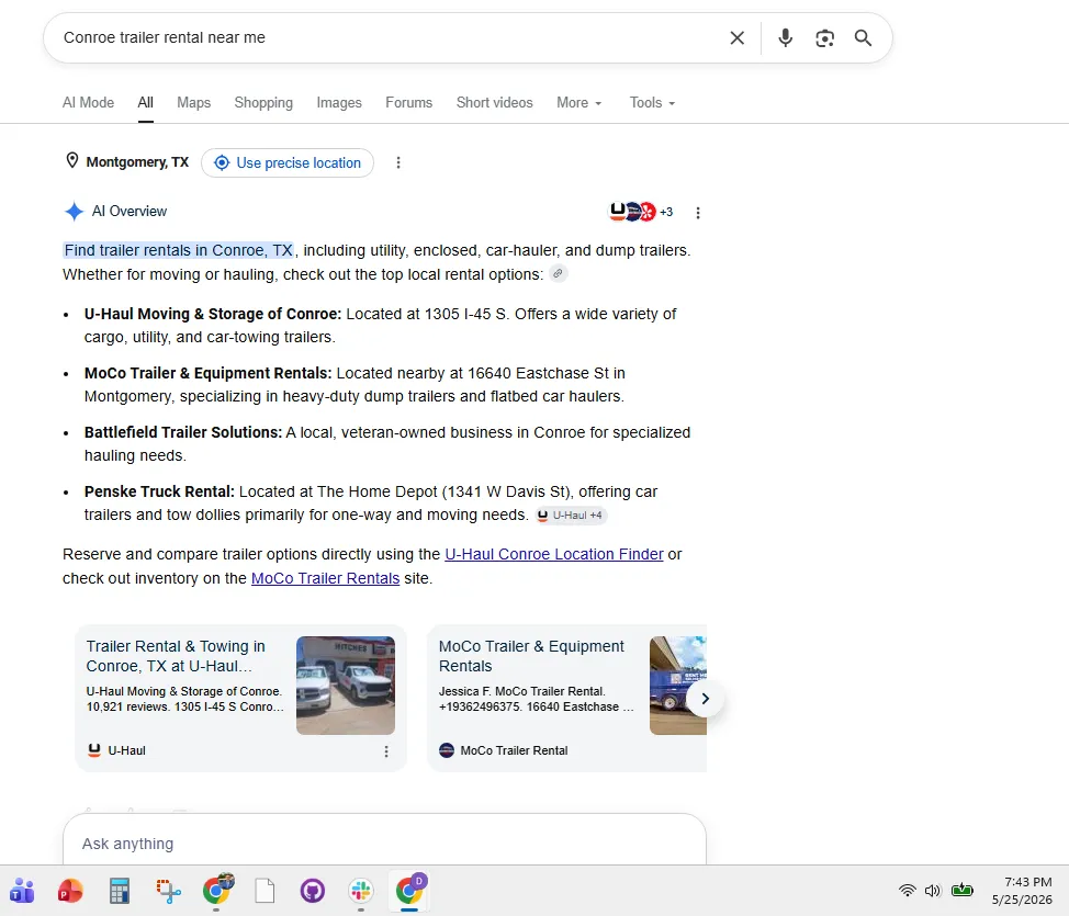 Google AI Mode screenshot for Conroe trailer rental near me in Montgomery, Texas, listing Battlefield Trailer Solutions as a veteran-owned business in Conroe for specialized hauling needs.