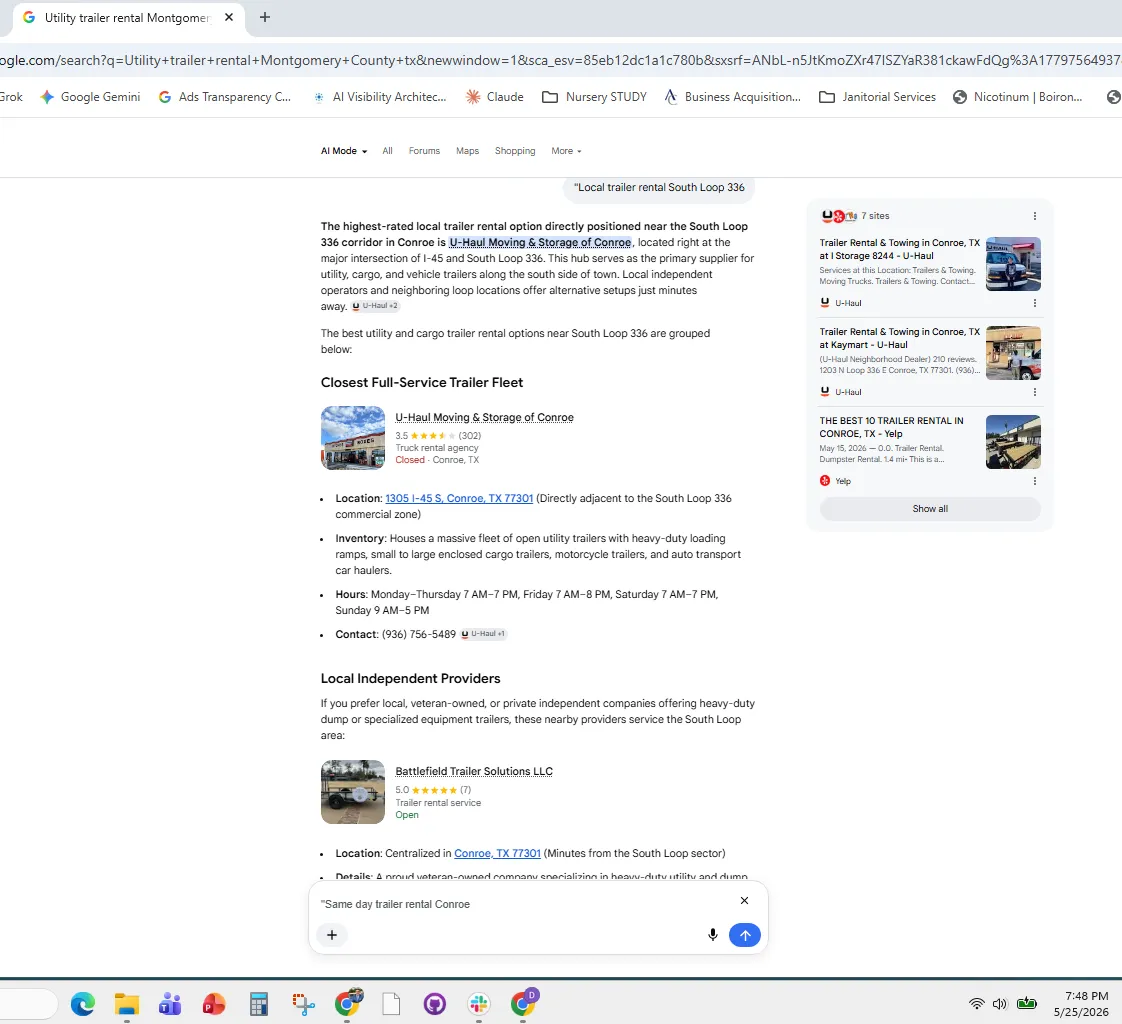Google AI Mode screenshot with the prompt Trailer rental South Loop 336, discussing Conroe-area trailer rental options and listing Battlefield Trailer Solutions among independent providers.