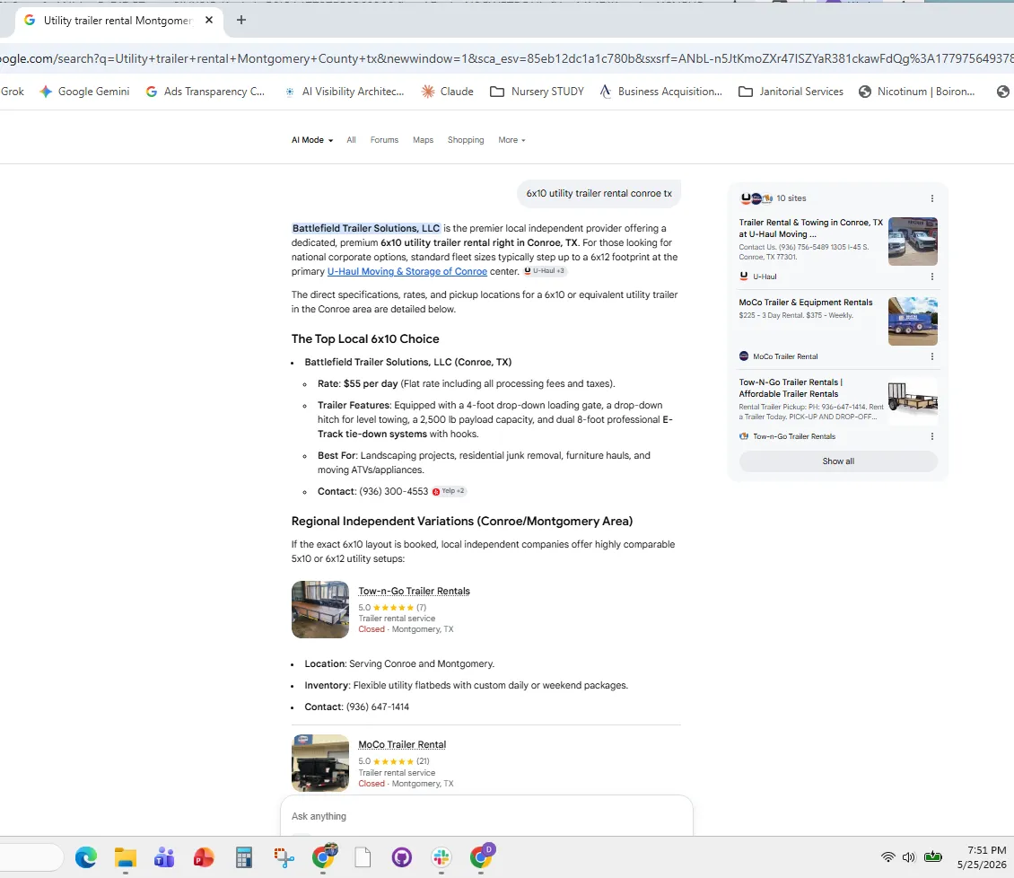 Google AI Mode screenshot for 6x10 utility trailer rental conroe tx, identifying Battlefield Trailer Solutions as the top 6x10 choice for the area with rate, trailer features, use cases, and contact details.