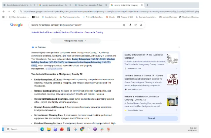 Google search capture for looking for a janitorial company in Montgomery County, Texas, with Easley Enterprises of TX Inc. named among area options.
